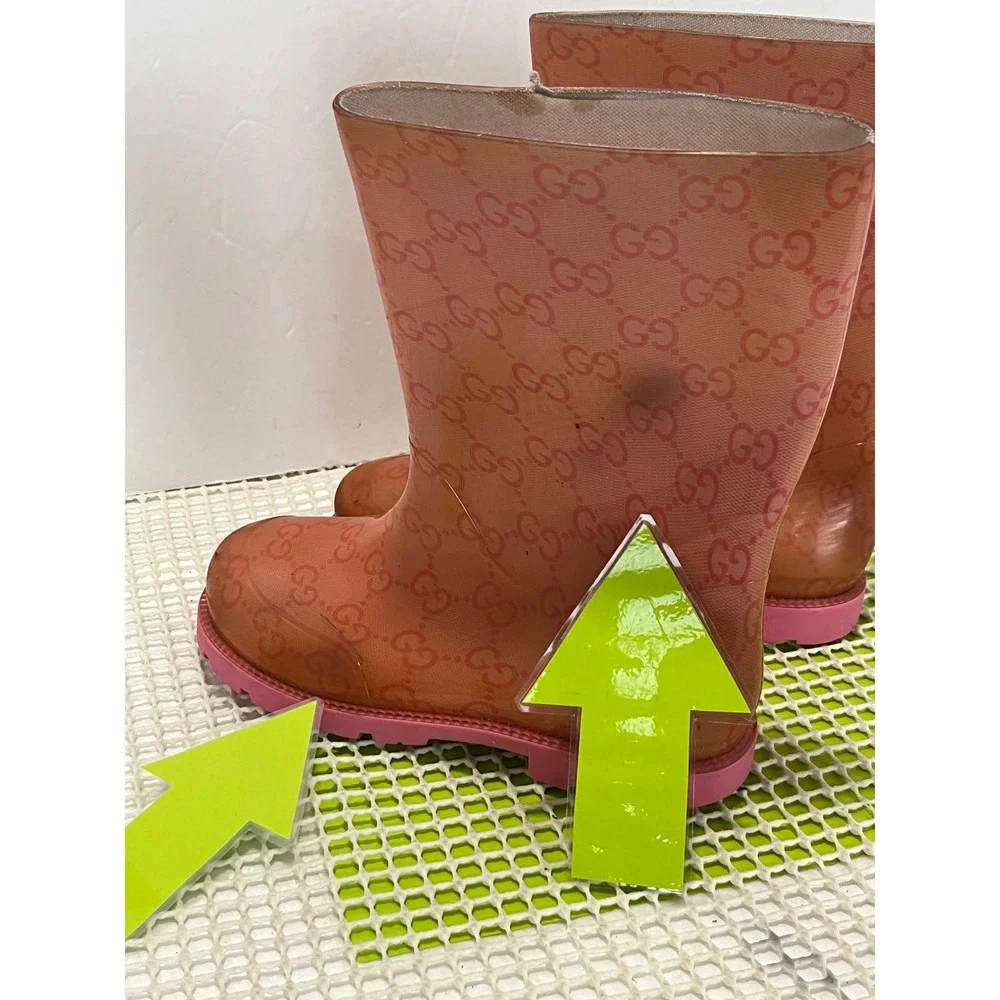 Gucci GG Monogram Rain Boots Kids 11.5 EU 29 Orange Pink Rubber Made in Italy